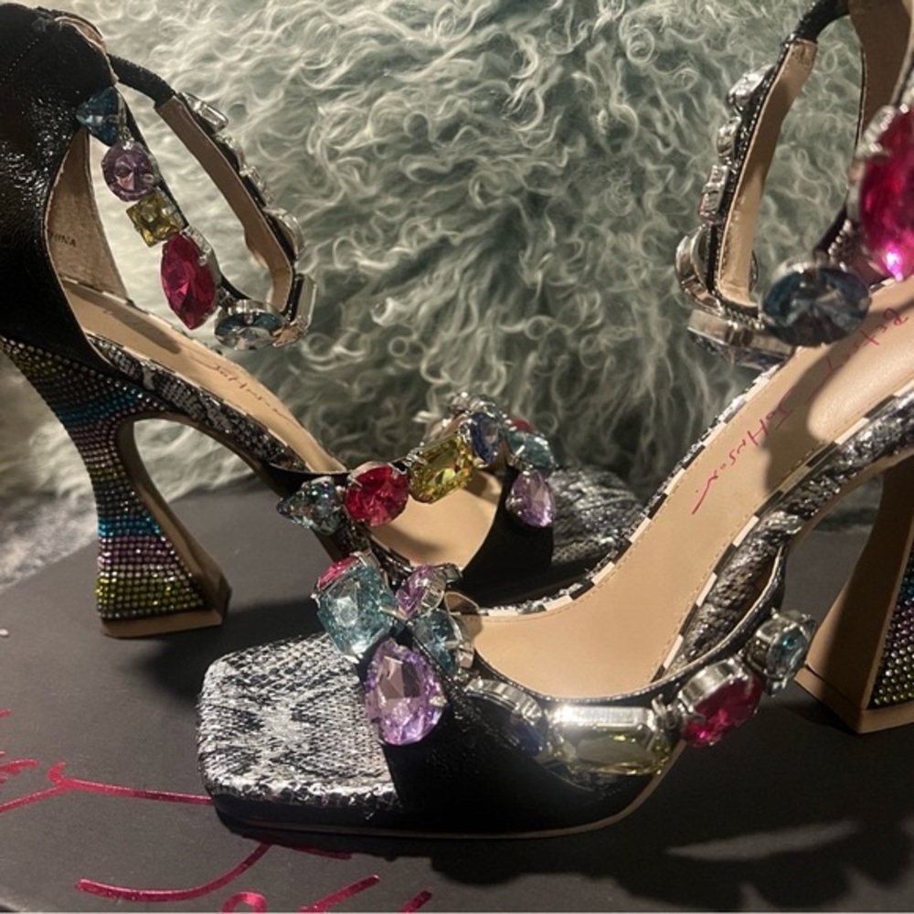 Betsey Johnson Black Heels with Multicolor Gemstones